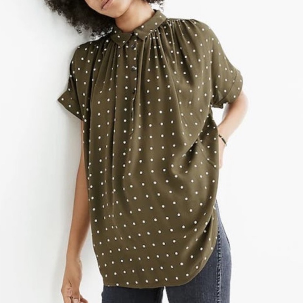 Madewell Women’s Central Drapey Popover Grid Polka Dot Olive Green Top Size S